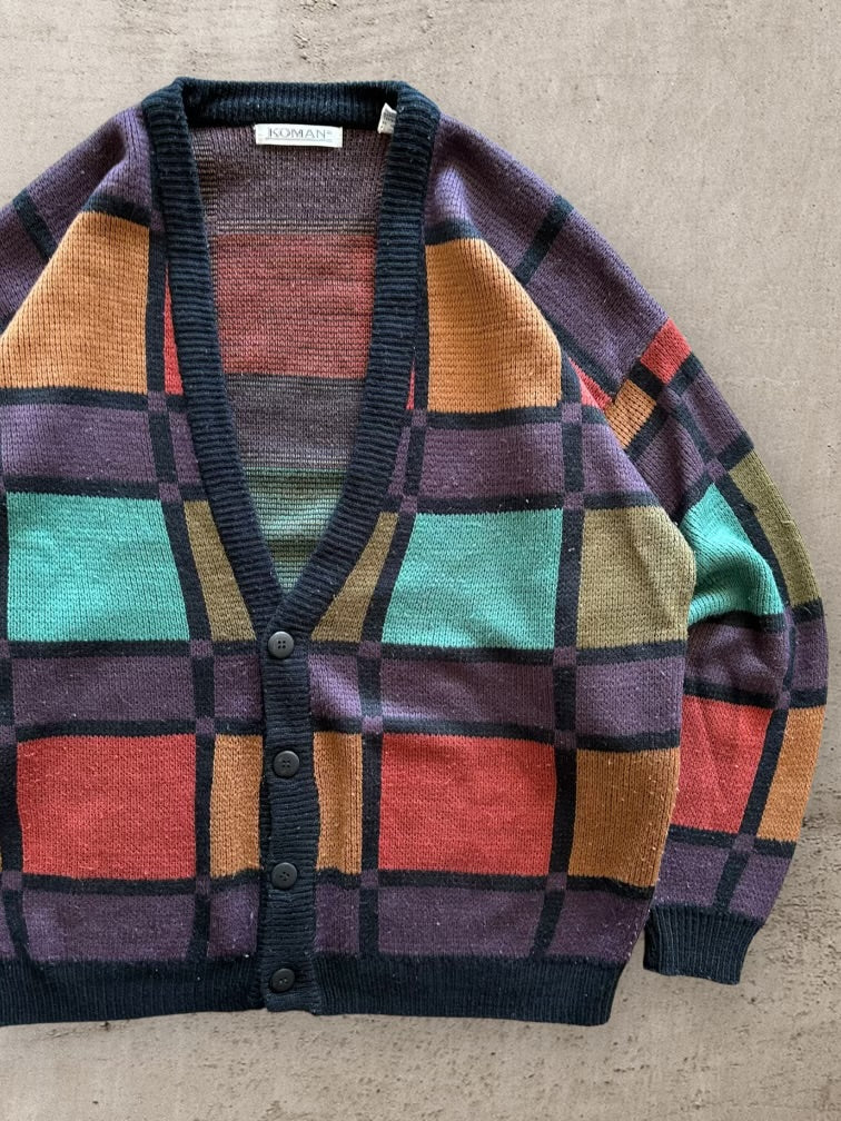 90s Koman Multicolor Square Knit Cardigan - XL