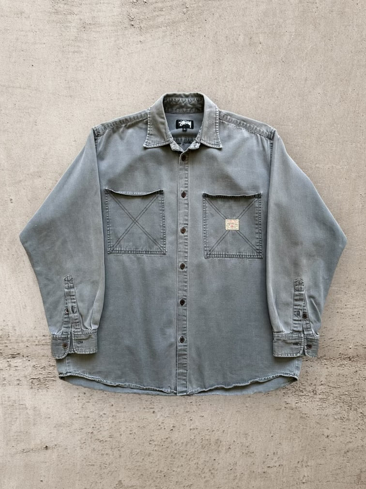 80s Stussy Grey Work Button Up Shirt - Large