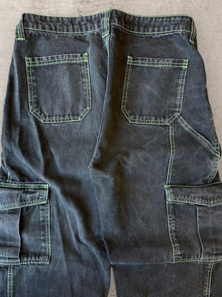 00s Black & Neon Green Denim Cargo Pants - 33x30