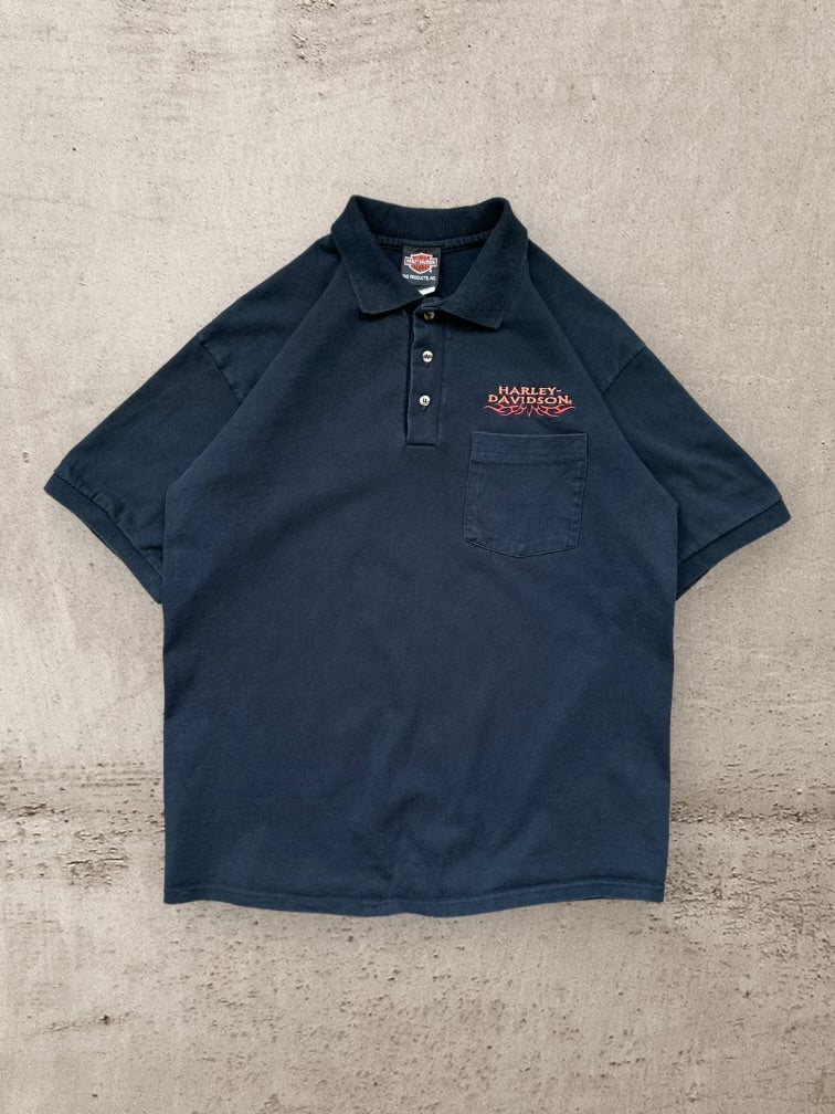 90s Harley Davidson Flame Embroidered Polo Shirt - Large