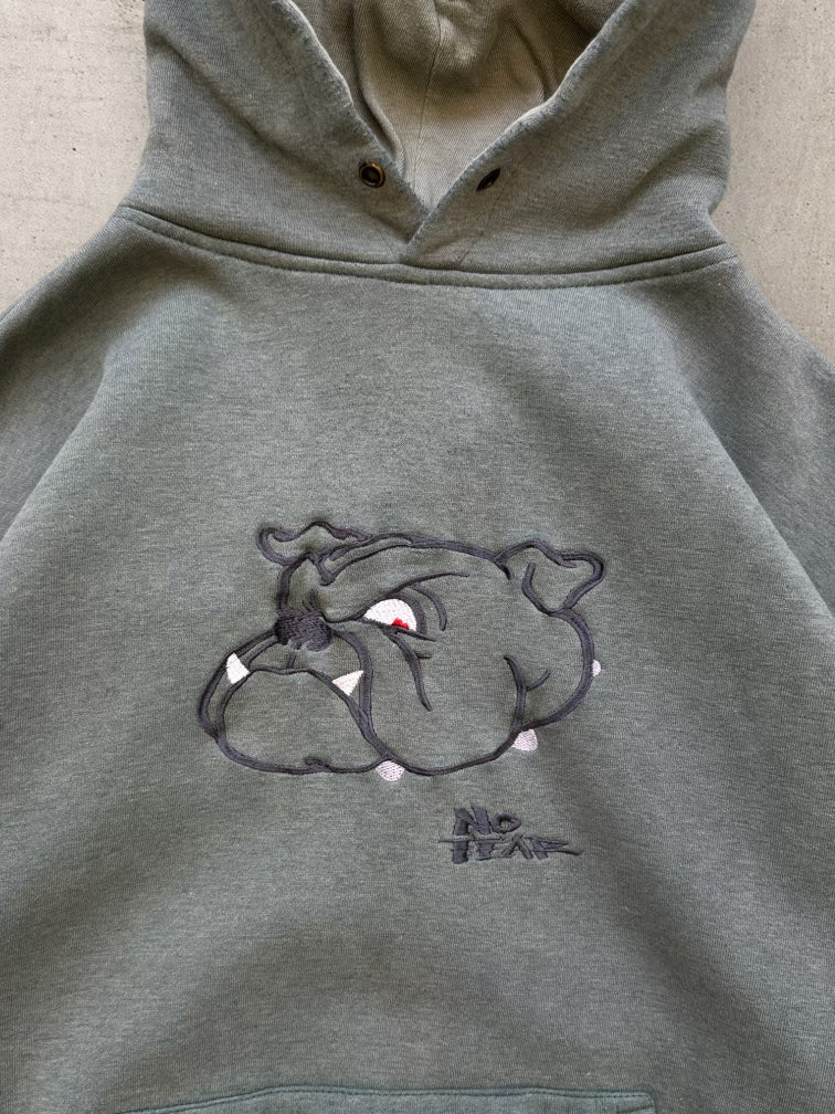 90s No Fear Bull Dog Faded Green Hoodie - Large