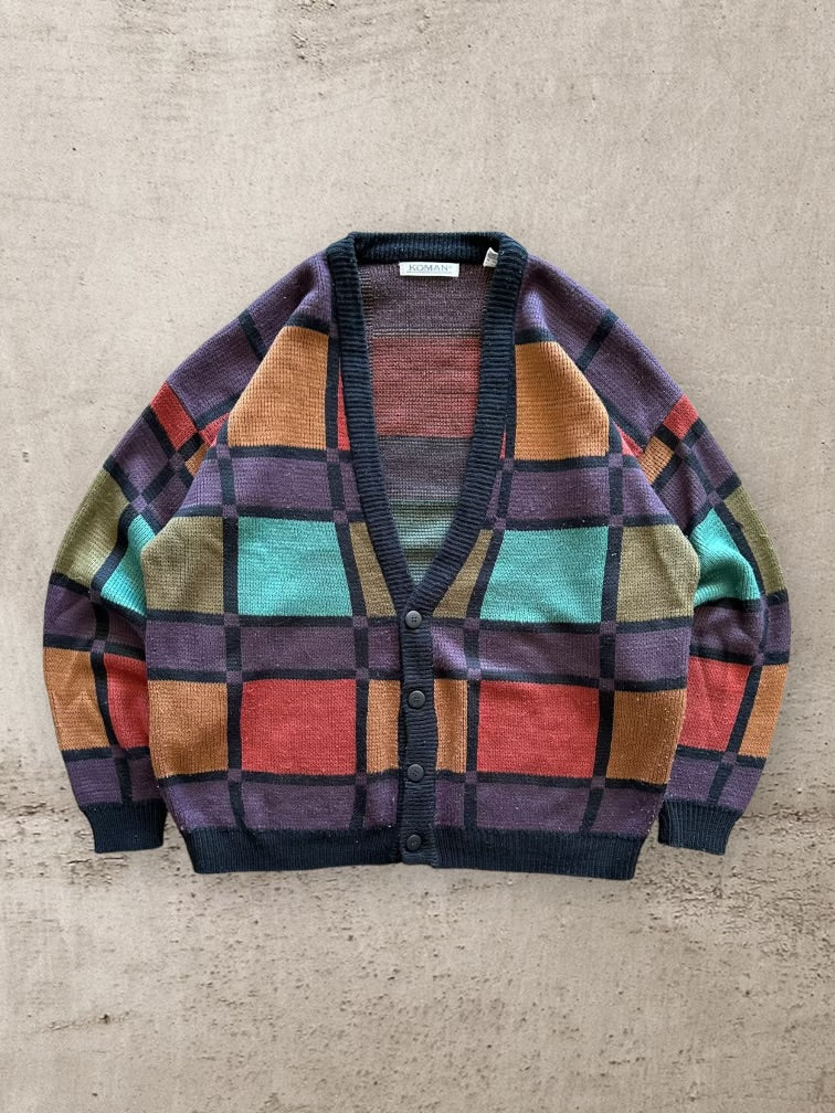 90s Koman Multicolor Square Knit Cardigan - XL