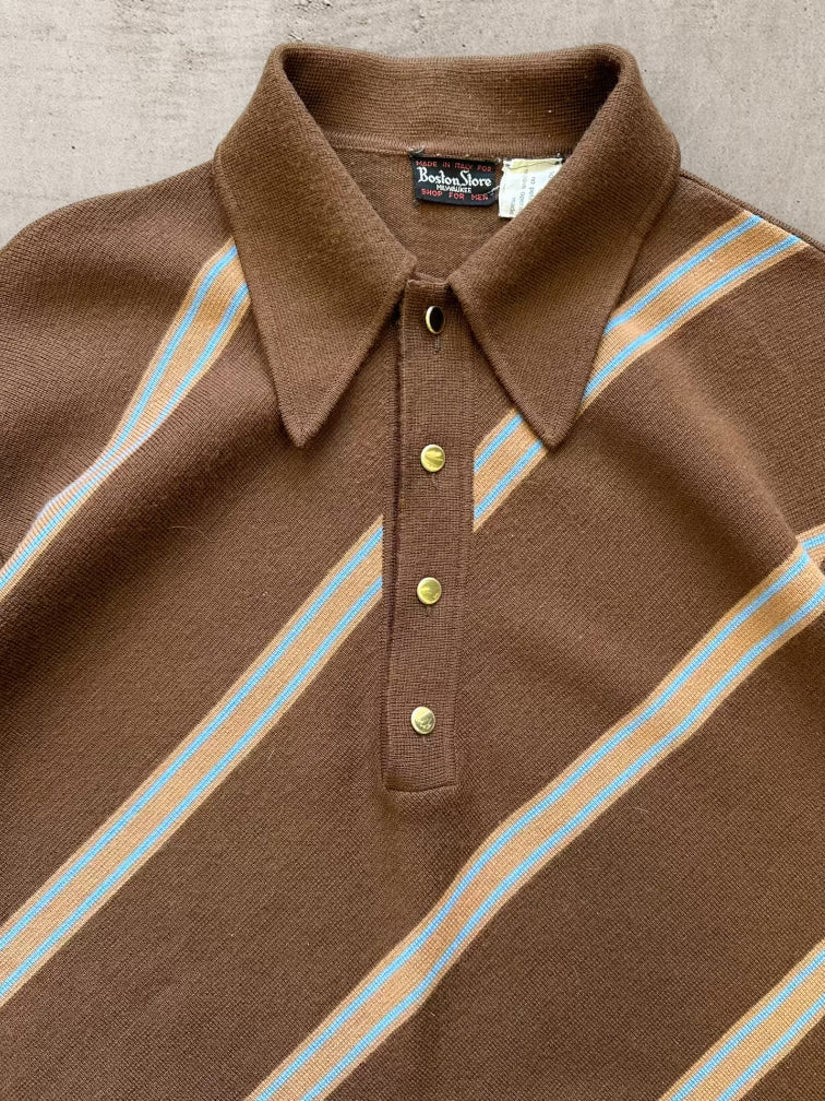 80s Brown Striped Polo Knit Sweater - Medium