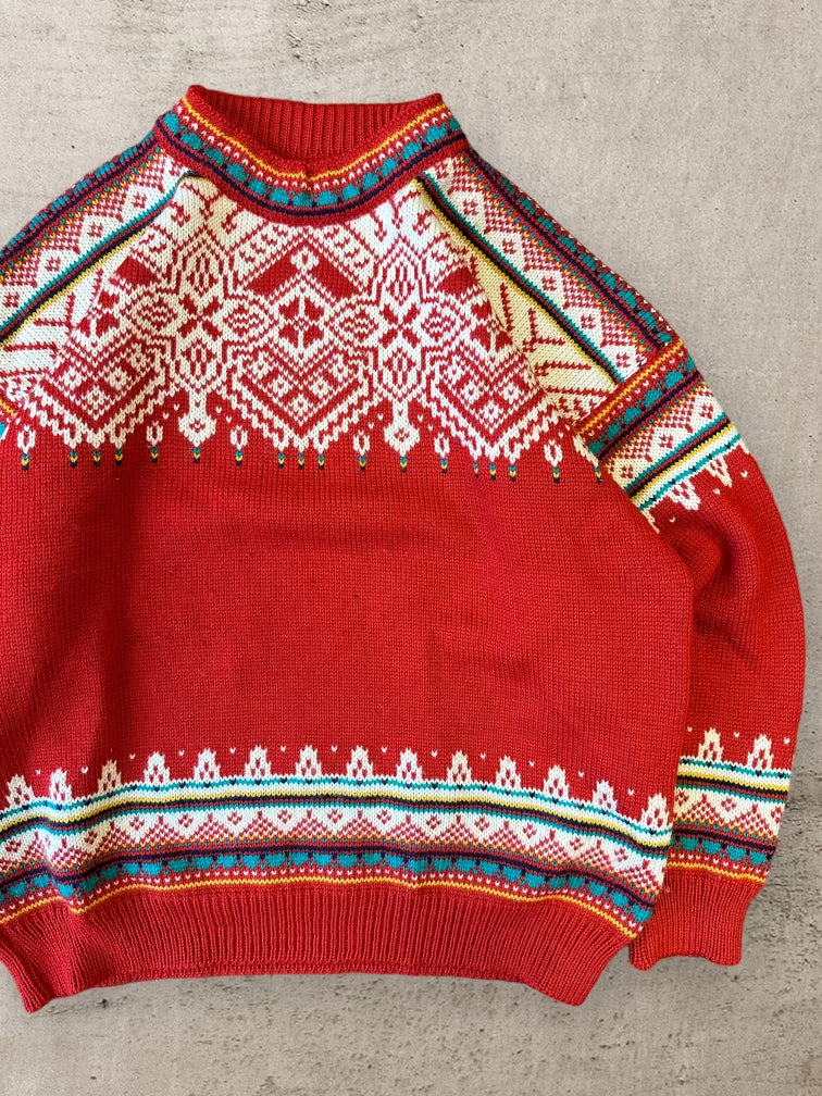 90s Red Norwegian Patterned Knit Sweater - Large