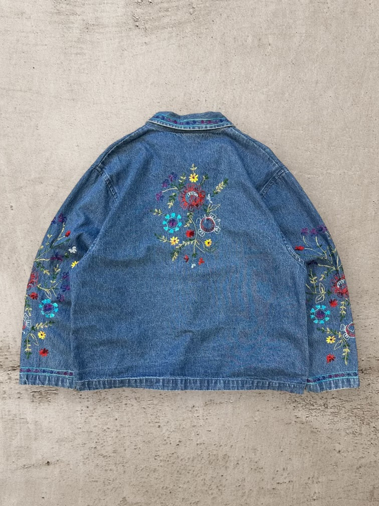 90s Tantrums Floral Embroidered Denim Jacket - Large