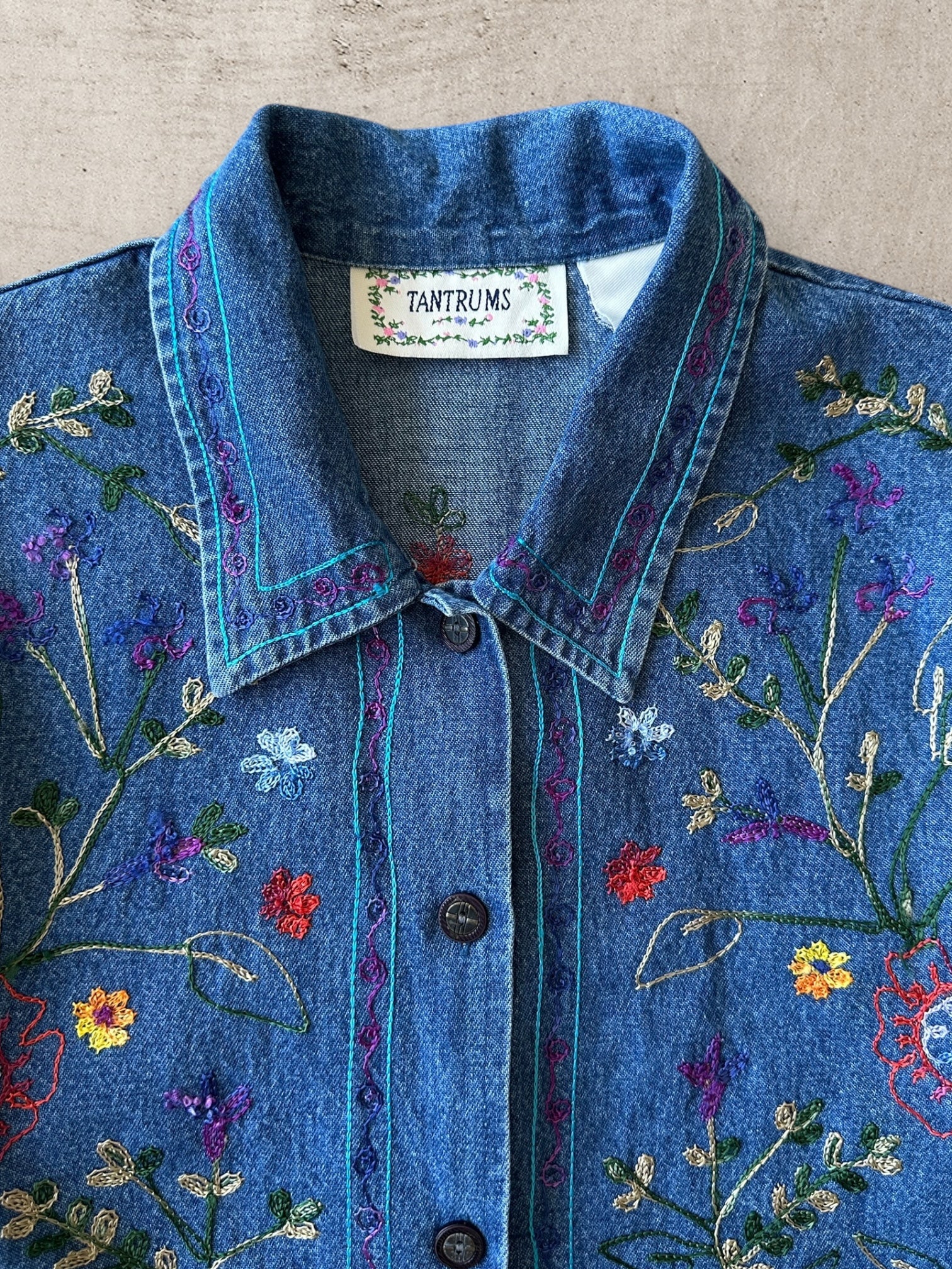 90s Tantrums Embroidered Floral Denim Button Up Jacket - Medium