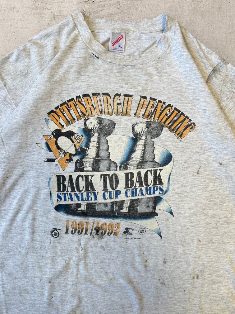 90s Pittsburgh Penguins Back to Back Champions Distressed T-Shirt - XL