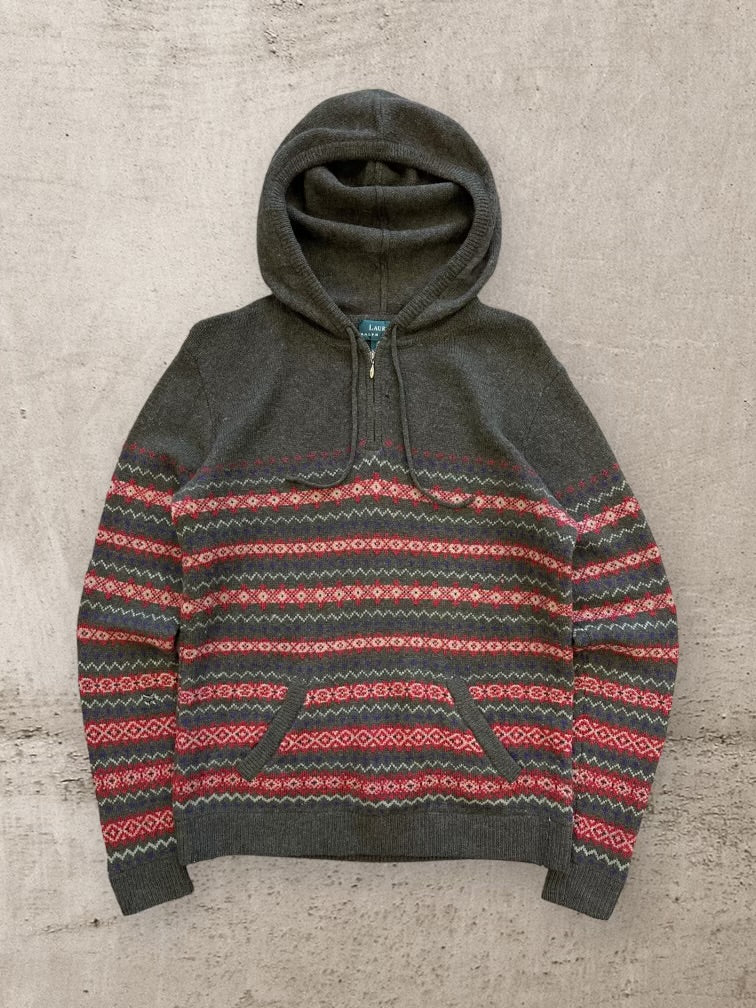 00s Ralph Lauren Striped 1/4 Zip Hooded Wool Sweater - Small