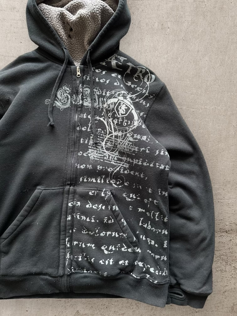 00s Machine Sherpa Lined Script Graphic Zip Up Hoodie -Large