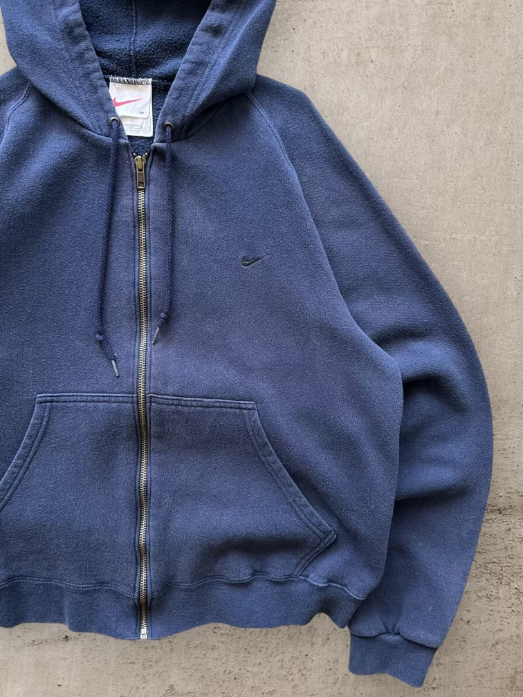 90s Nike Navy Blue Mini Swoosh Zip Up Hoodie - Medium