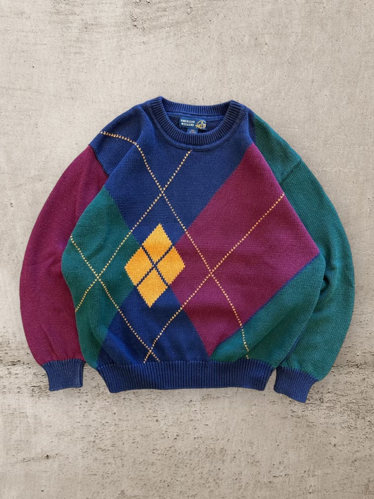 00s American Weekend Color Block Argyle Knit Sweater - XL