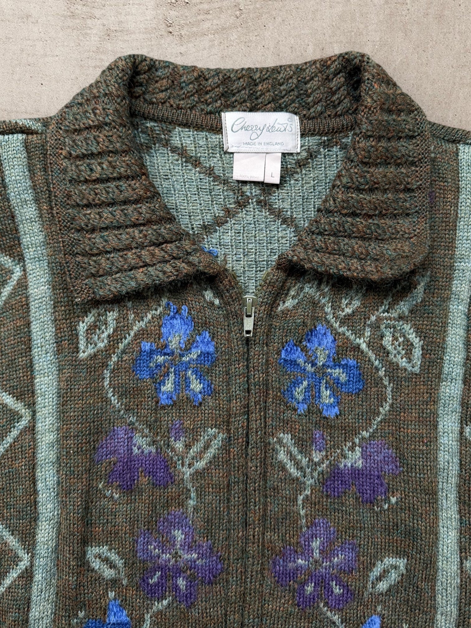 90s England Floral Zip Up Wool Sweater - Medium