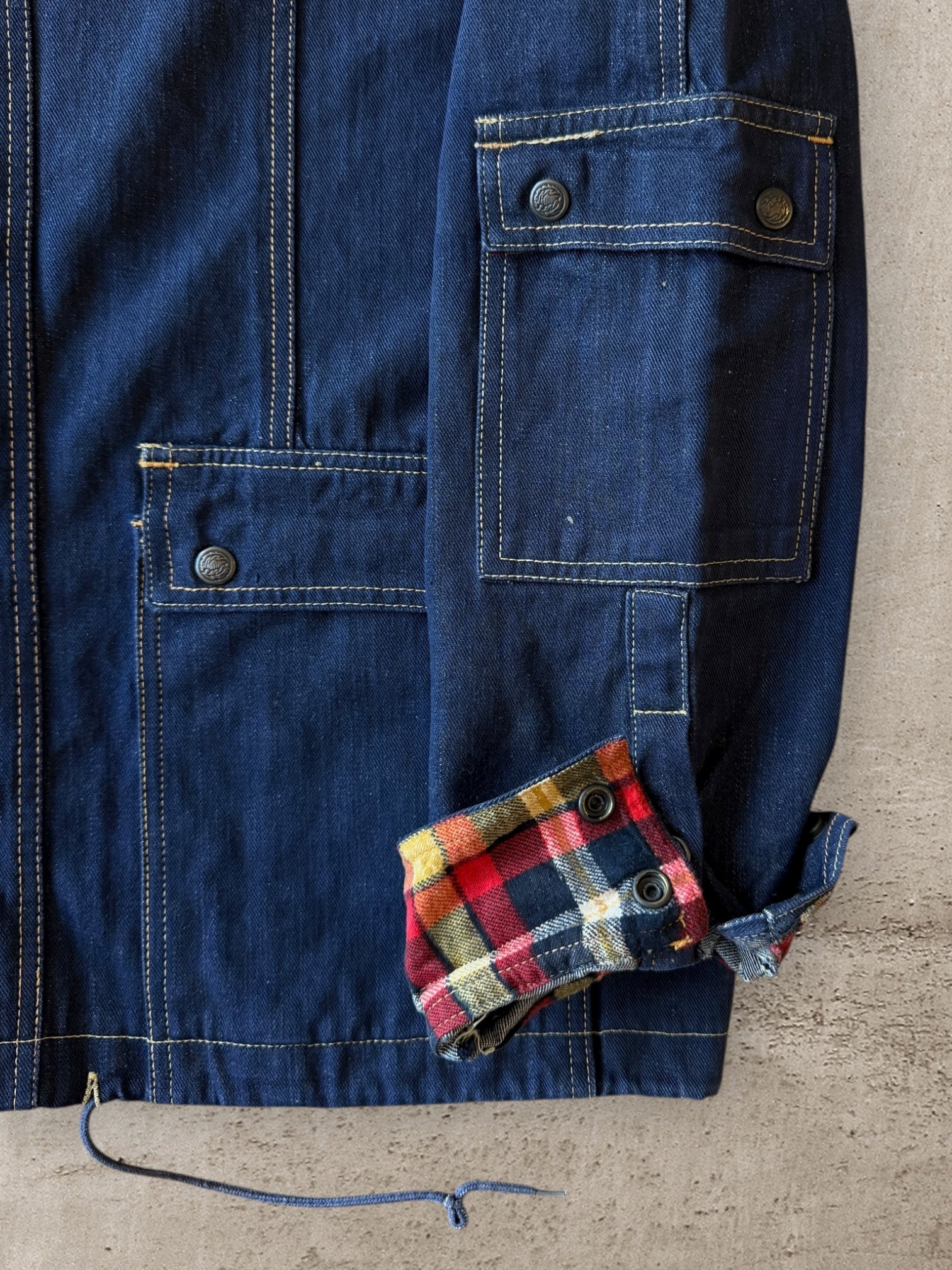 80s Plaid Collared Denim Chore Jacket - Large