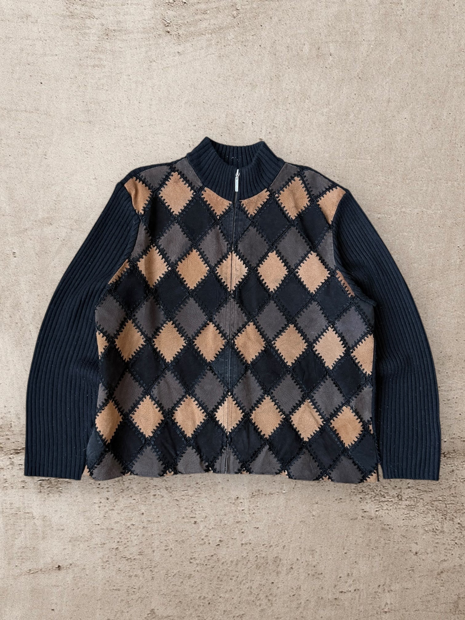 00s Robert Louis Argyle Suede Knit Sweater - XL