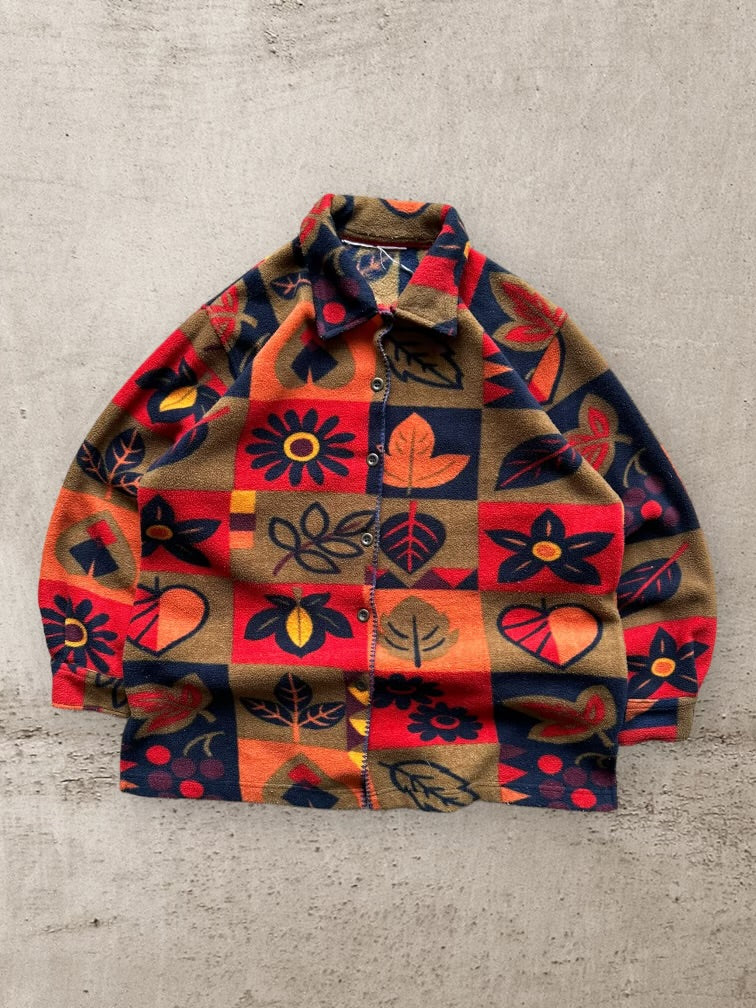 90s Multicolor Leaves Graphic Button Up Fleece - Large