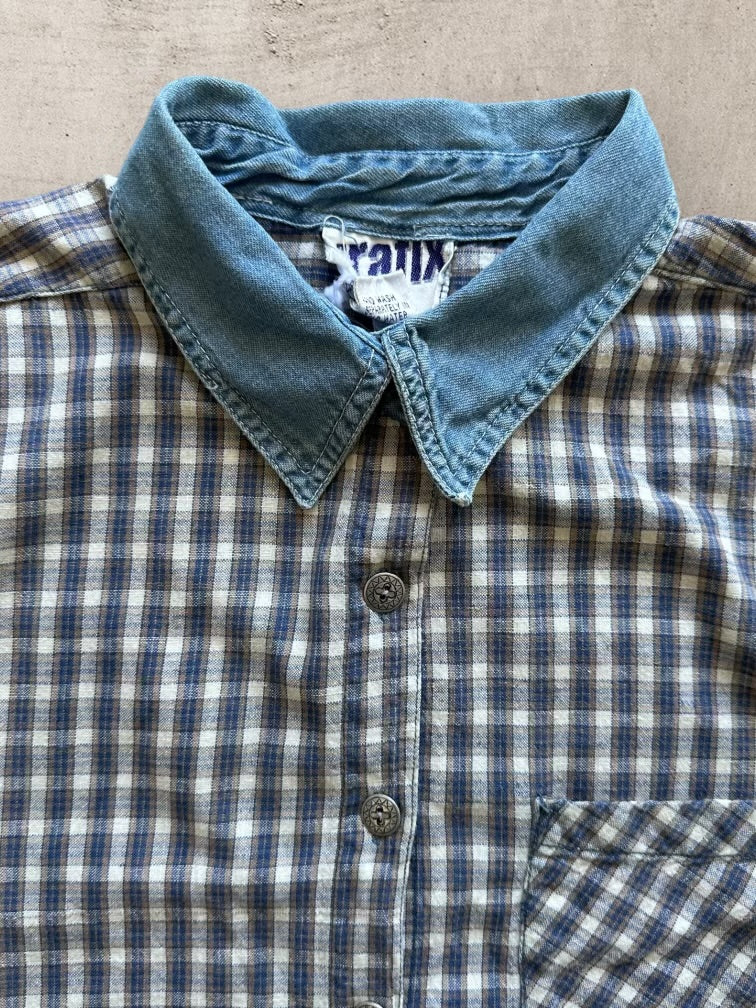 90s Plaid Cropped Button Up Shirt - XL