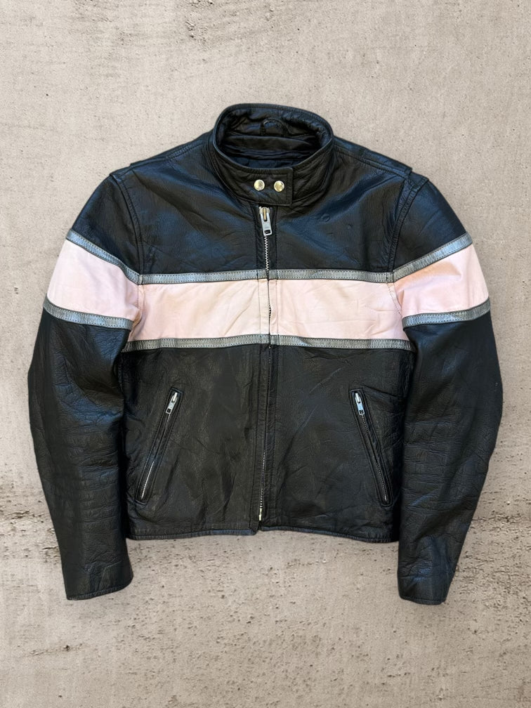 00s Pink & Black Striped Moto Leather Jacket - Women's Medium