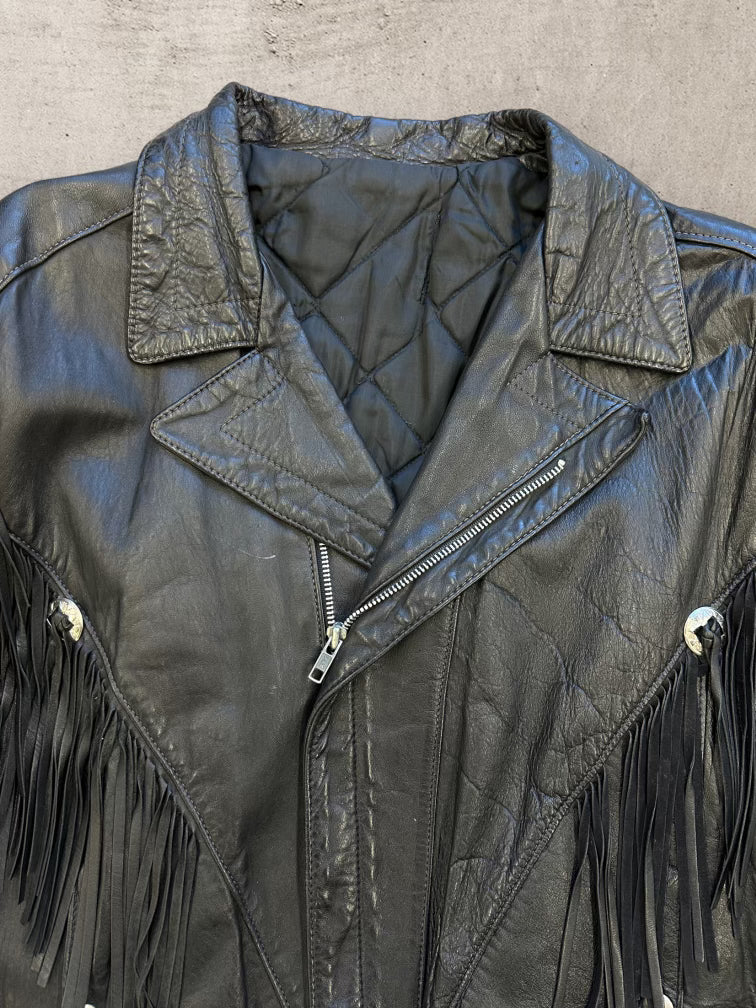 80s Western Black Tassle Leather Jacket - Medium