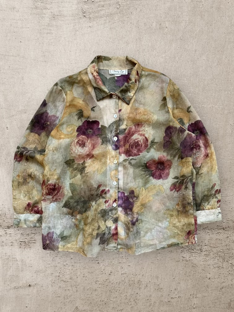 90s Christy Lyn Floral Print Button Up Shirt - 2XL