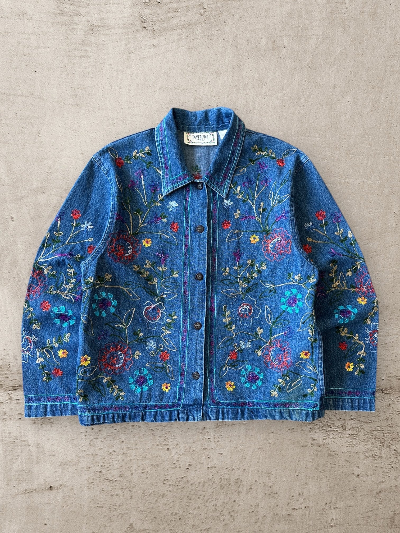 90s Tantrums Embroidered Floral Denim Button Up Jacket - Medium