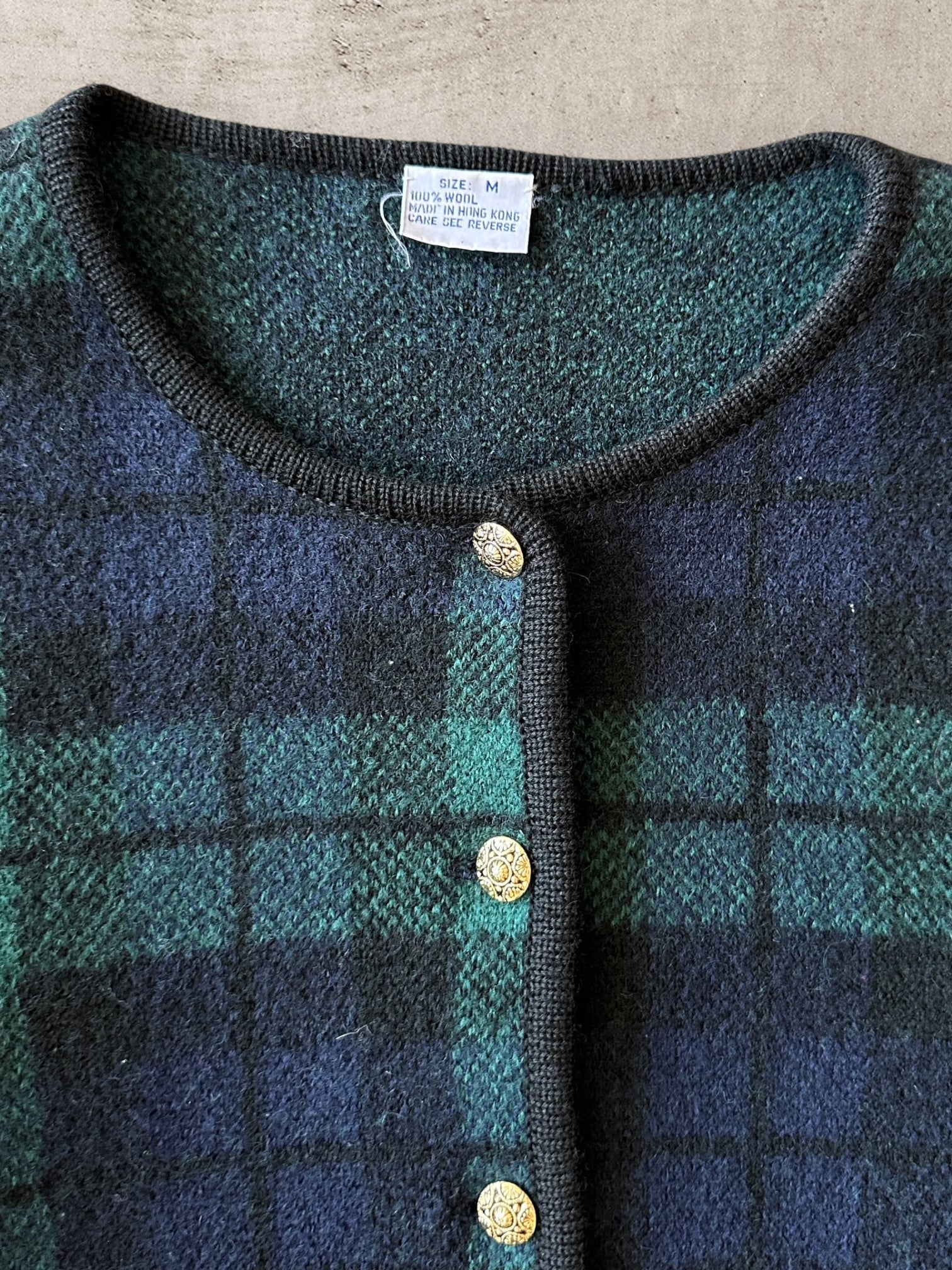 80s Plaid Button Up Wool Sweater - Small