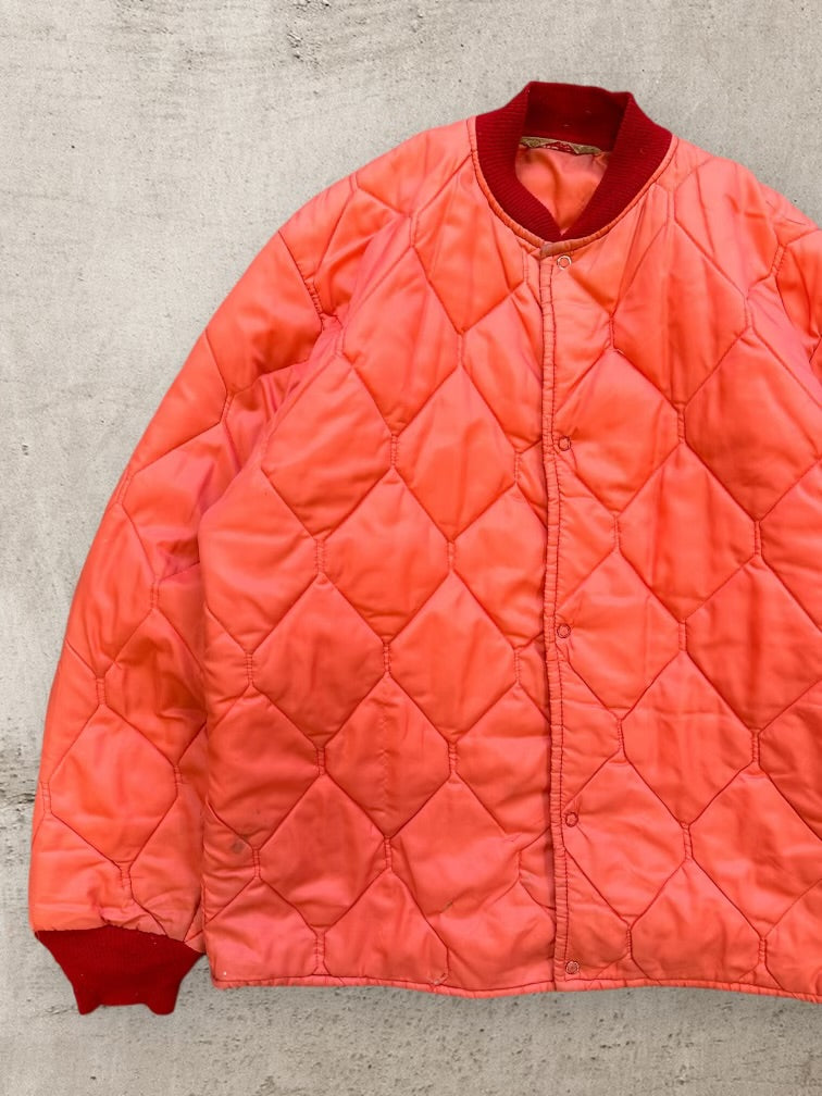 80s Orange Quilted Button Bomber Jacket - Small