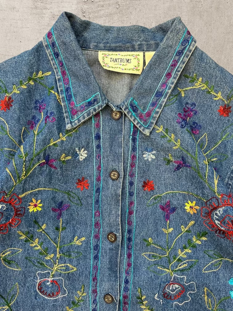 90s Tantrums Floral Embroidered Denim Jacket - Large