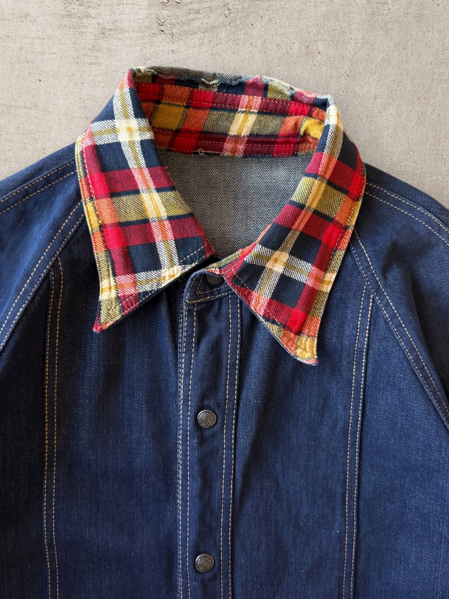 80s Plaid Collared Denim Chore Jacket - Large