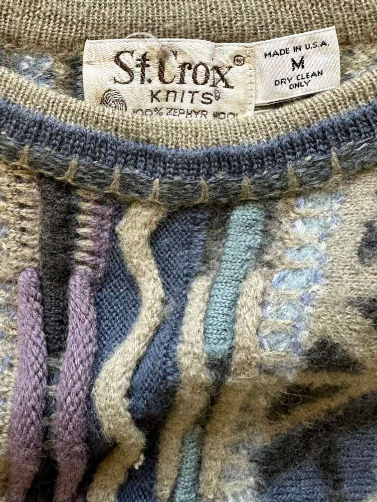 90s St. Croix Multicolor Wool 3D Cable Sweater - Medium