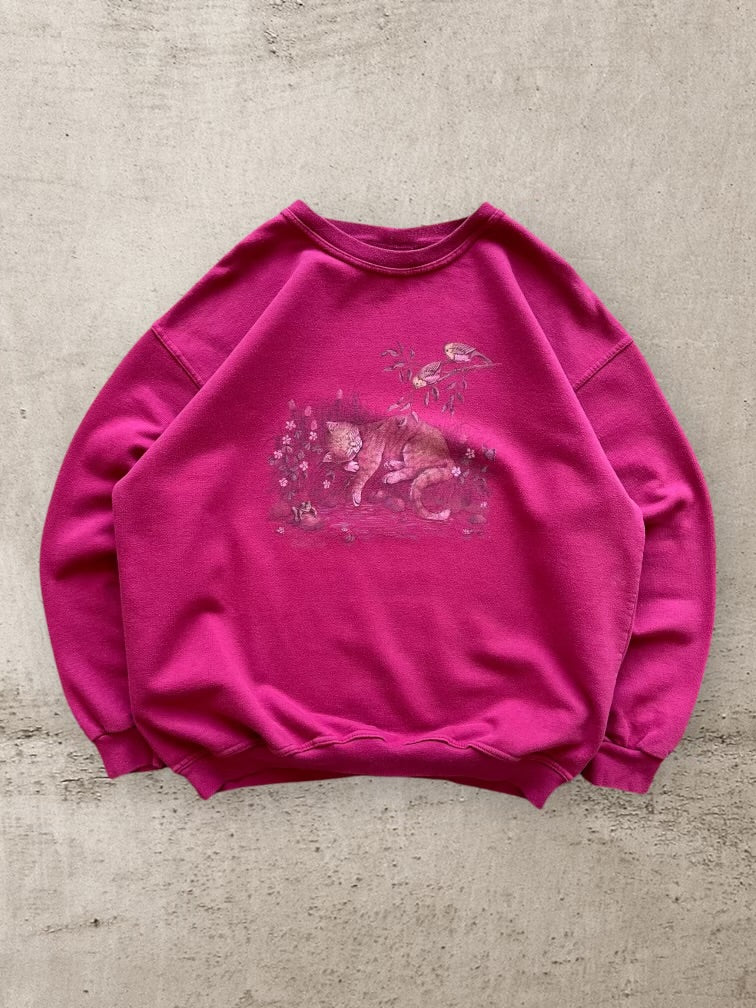 90s Sleepy Cat Graphic Crewneck - Large