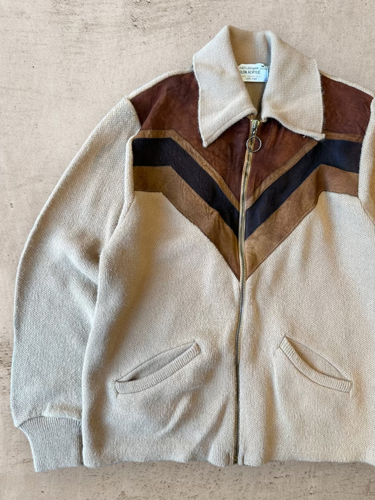 80s Acrylic & Suede Striped Zip Up Jacket - Small
