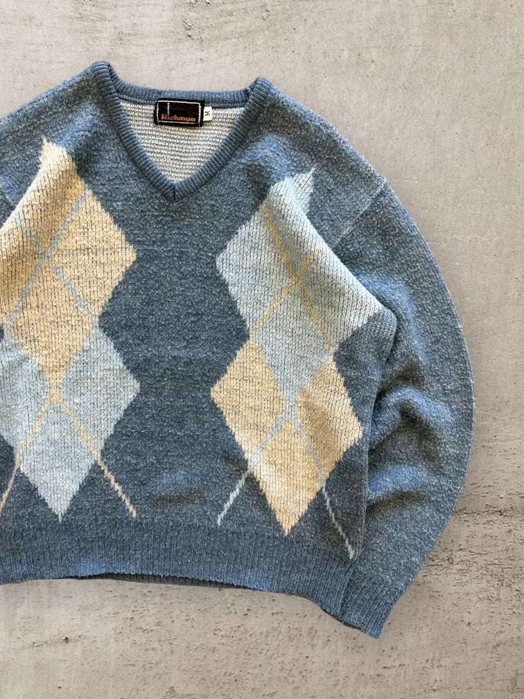 80s Richman Argyle V-Neck Sweater - Medium