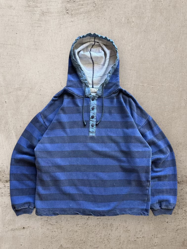 90s Structure Striped Henley Hoodie - Large