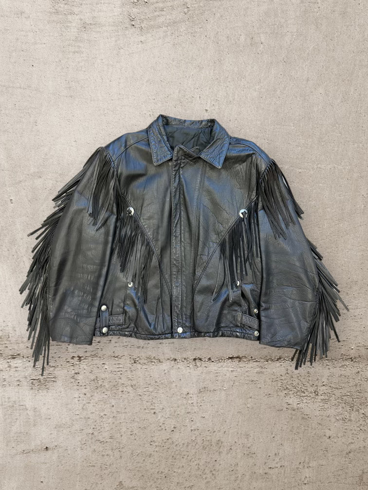 80s Western Black Tassle Leather Jacket - Medium