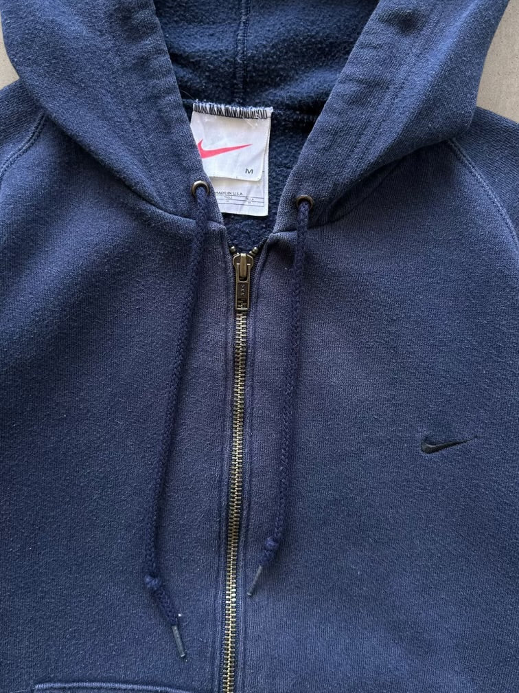 90s Nike Navy Blue Mini Swoosh Zip Up Hoodie - Medium