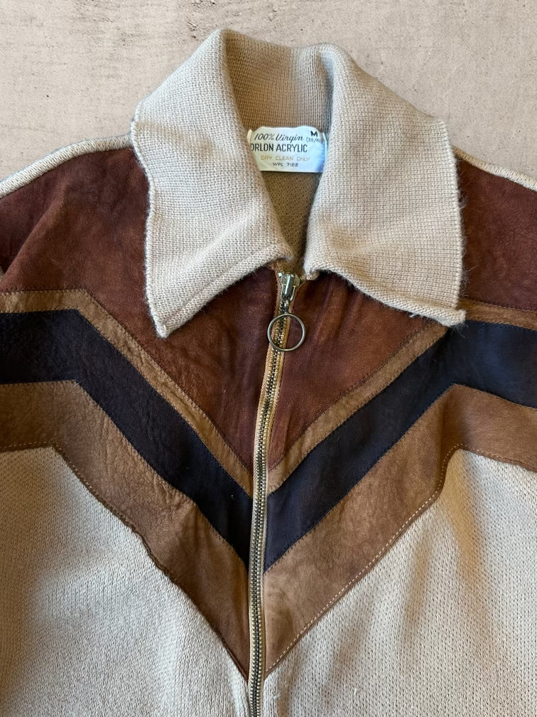 80s Acrylic & Suede Striped Zip Up Jacket - Small