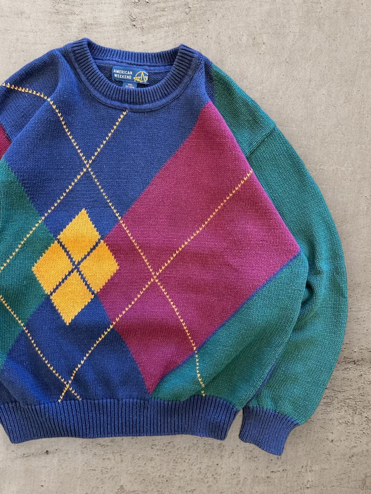 00s American Weekend Color Block Argyle Knit Sweater - XL