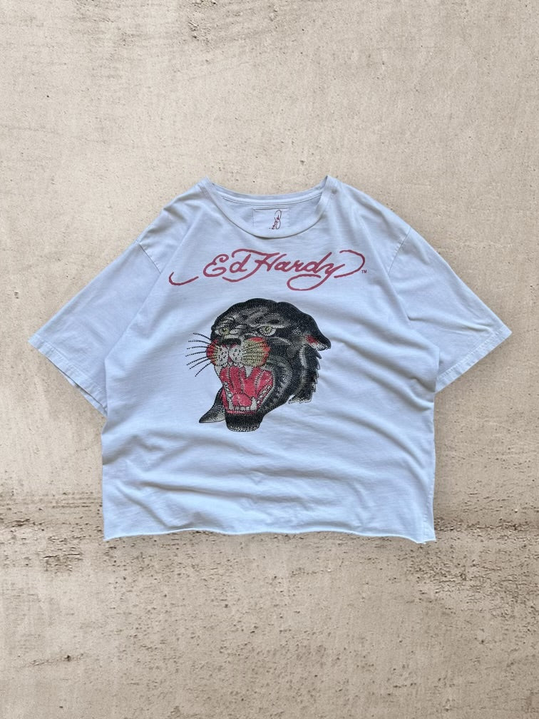00s Ed Hardy Rhinestone Tiger Cropped Graphic T-Shirt - XL
