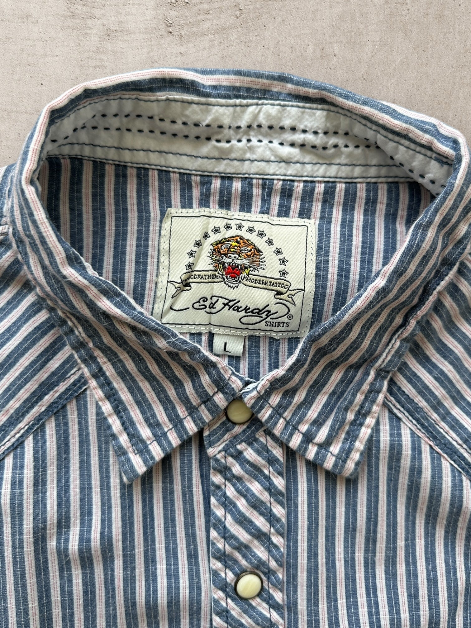 00s Ed Hardy Striped Graphic Button Up Shirt 00s Ed Hardy Striped Graphic Button Up Shirt