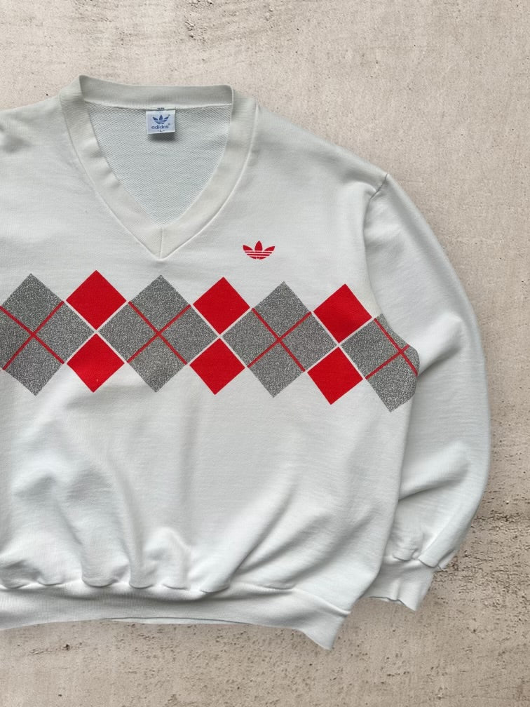 90s Adidas Argyle Graphic V-Neck Sweatshirt - Medium