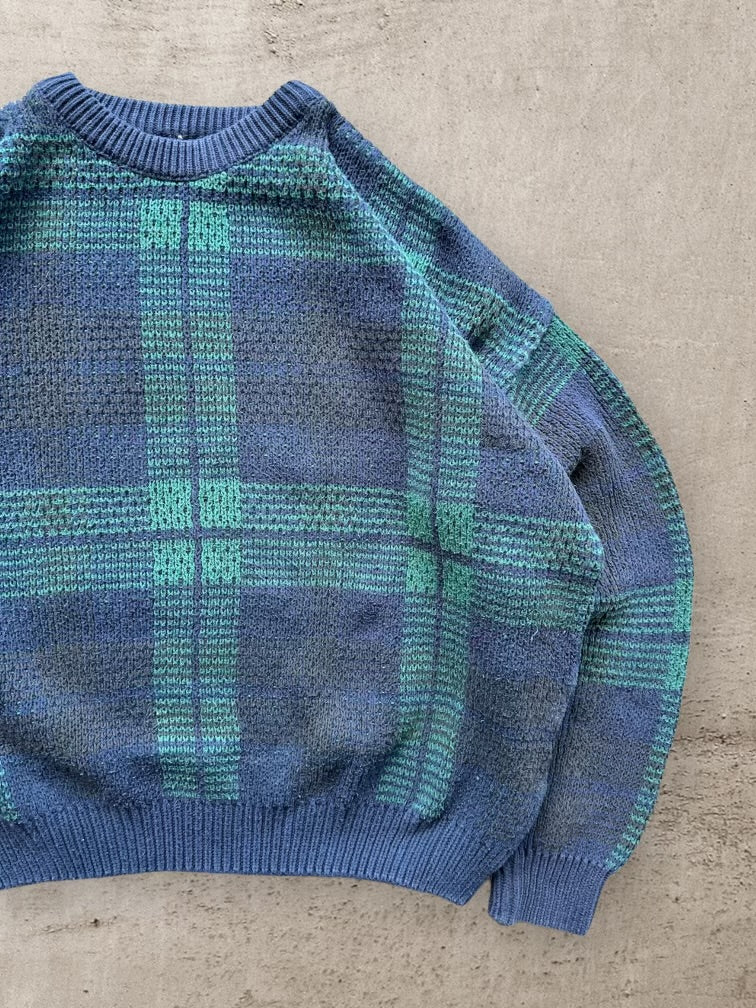 90s Big Plaid Print Knit Sweater - XL