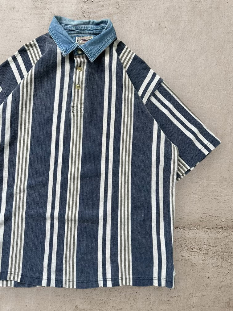 00s Country Seat Striped Polo Shirt - Large