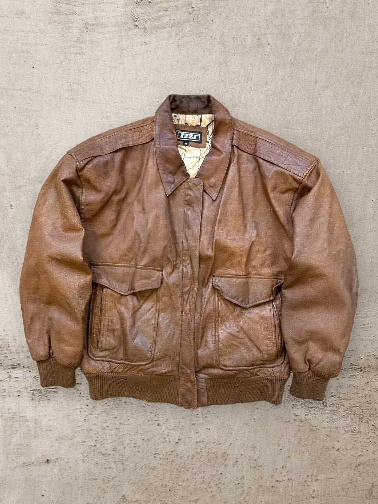 80s Izzi Brown Leather Bomber Jacket - Medium