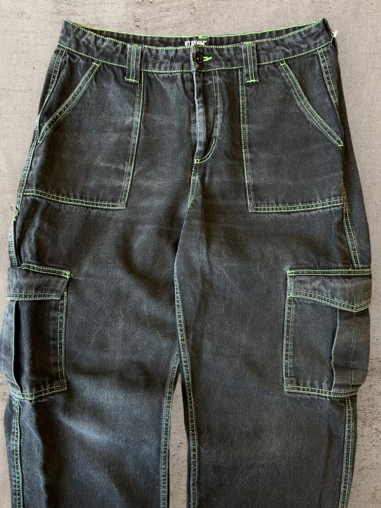 00s Black & Neon Green Denim Cargo Pants - 33x30