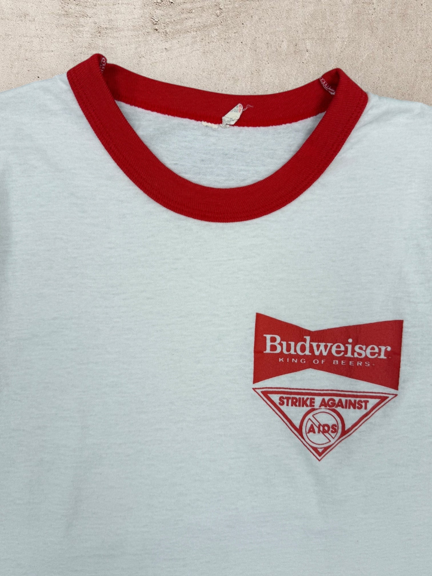 80s Budweiser Strike Against Aids Ringer T-Shirt - Medium