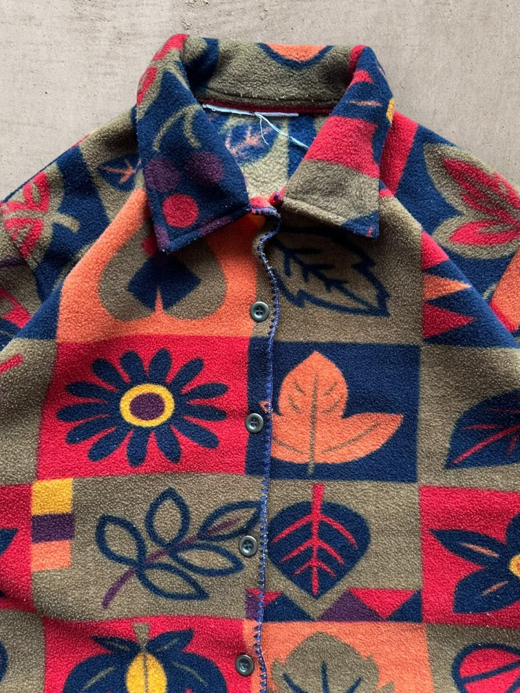 90s Multicolor Leaves Graphic Button Up Fleece - Large