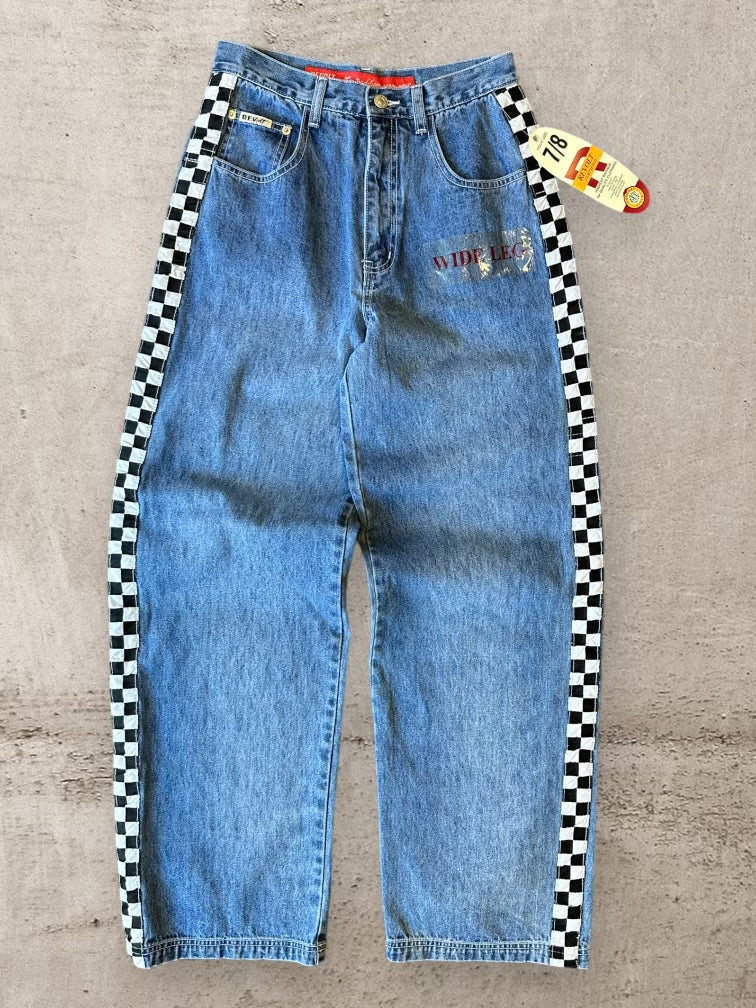 90s NWT Revolt Wide Leg Striped Checkerboard Denim Jeans - 28x30