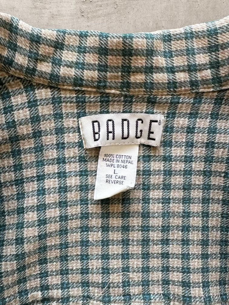 90s Badge Plaid Zip Up Flannel Shirt - Large