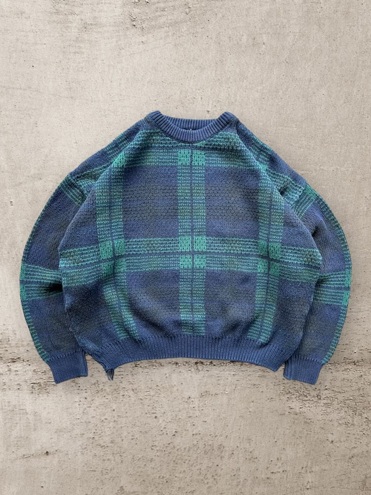 90s Big Plaid Print Knit Sweater - XL