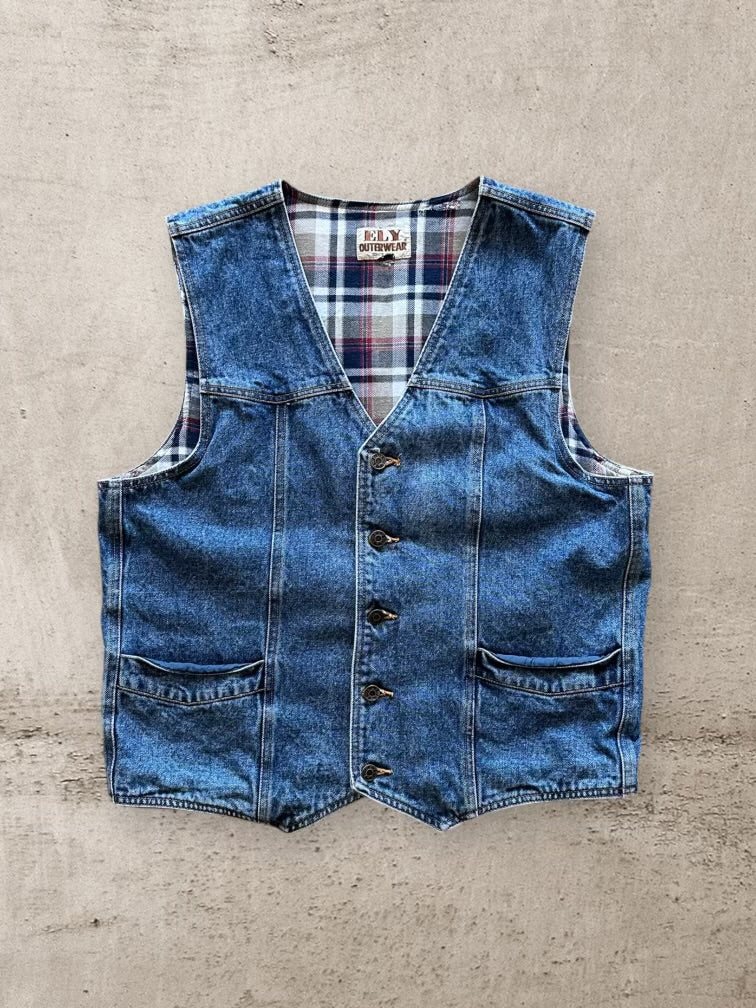 80s/90s Ely Plaid Lined Denim Vest - Medium